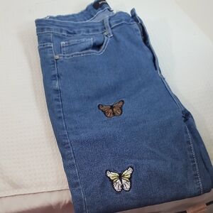 Blue Women's Denim Jeans with Butterfly Embroidery